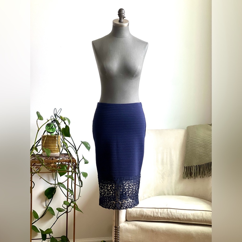 Navy Pencil Skirt with Lace Panel Hem